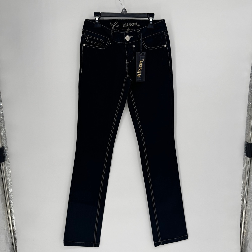 Kitson Black Denim Jeans Women Size 25 Straight Leg Contrast Stitching